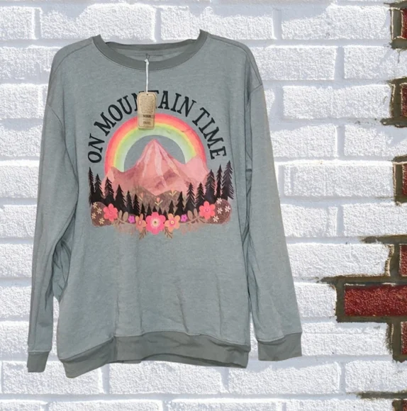 'On Mountain Time' Sweatshirt Natural Life New - Picture 1 of 2